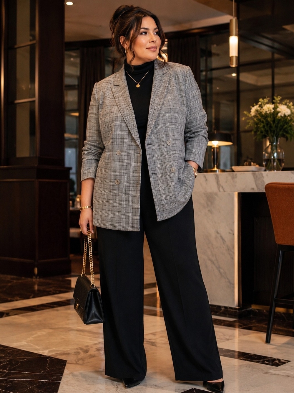 Calvin Klein Grey Plaid Blazer with Black Wide-Leg Pants